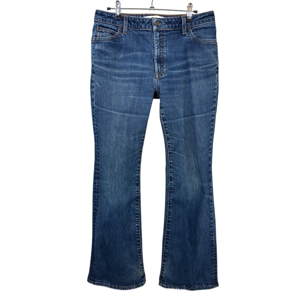 Gap Y2K Flare Stretch Jeans Womens 10 Blue Mid Rise Medium Wash Raw Hem